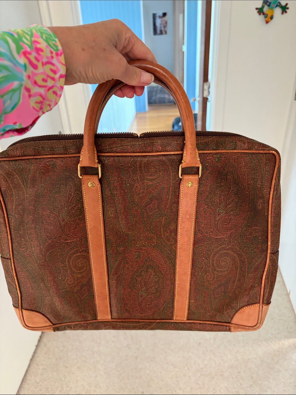 Leather-Trim Paisley Briefcase Bag in Brown